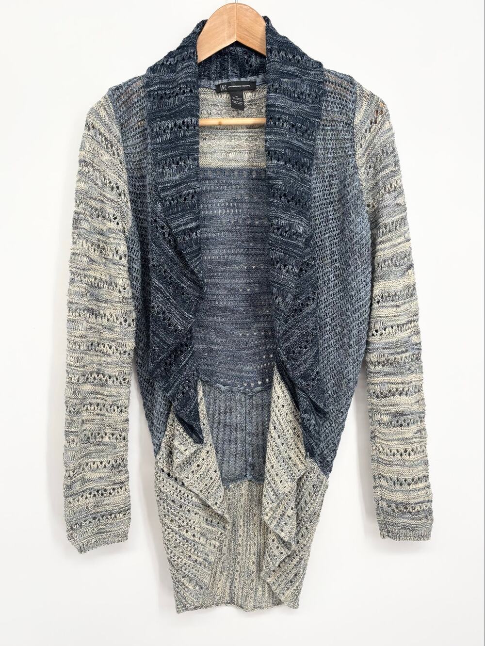 INC International Concepts Navy Blue, Gray, Cream Knit Cardigan Sweater Size M